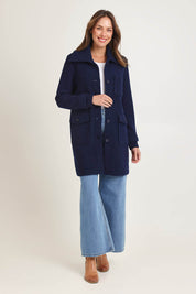 Rib Collar Boiled Wool Coat – Navy