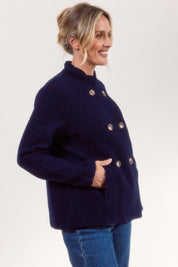 Funnel Neck Boiled Wool Double Breasted Coat – Navy