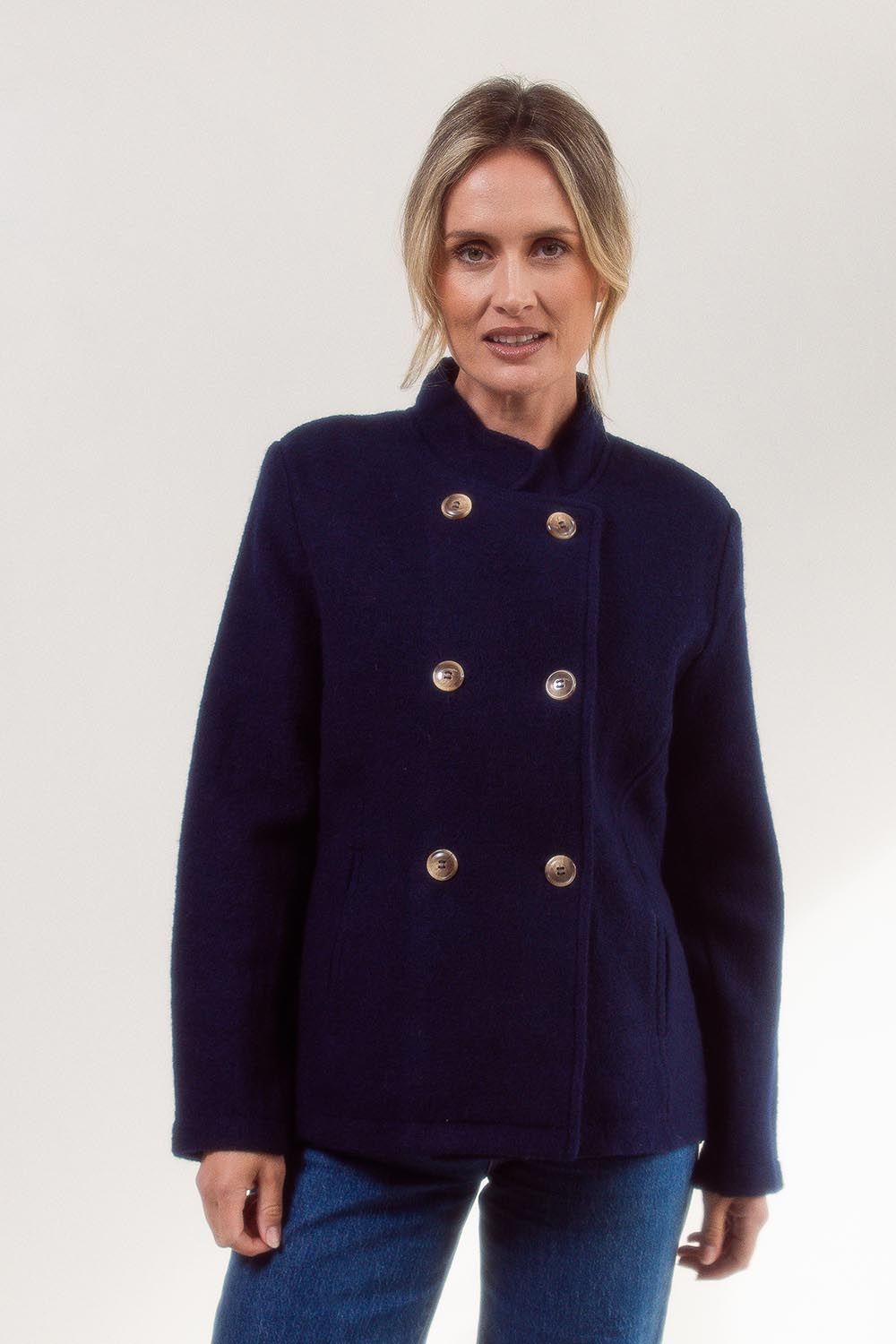 Funnel Neck Boiled Wool Double Breasted Coat – Navy
