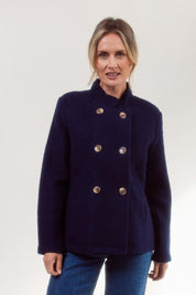 Funnel Neck Boiled Wool Double Breasted Coat – Navy