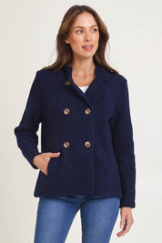 Funnel Neck Boiled Wool Double Breasted Coat – Navy