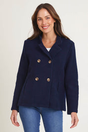 Funnel Neck Boiled Wool Double Breasted Coat – Navy