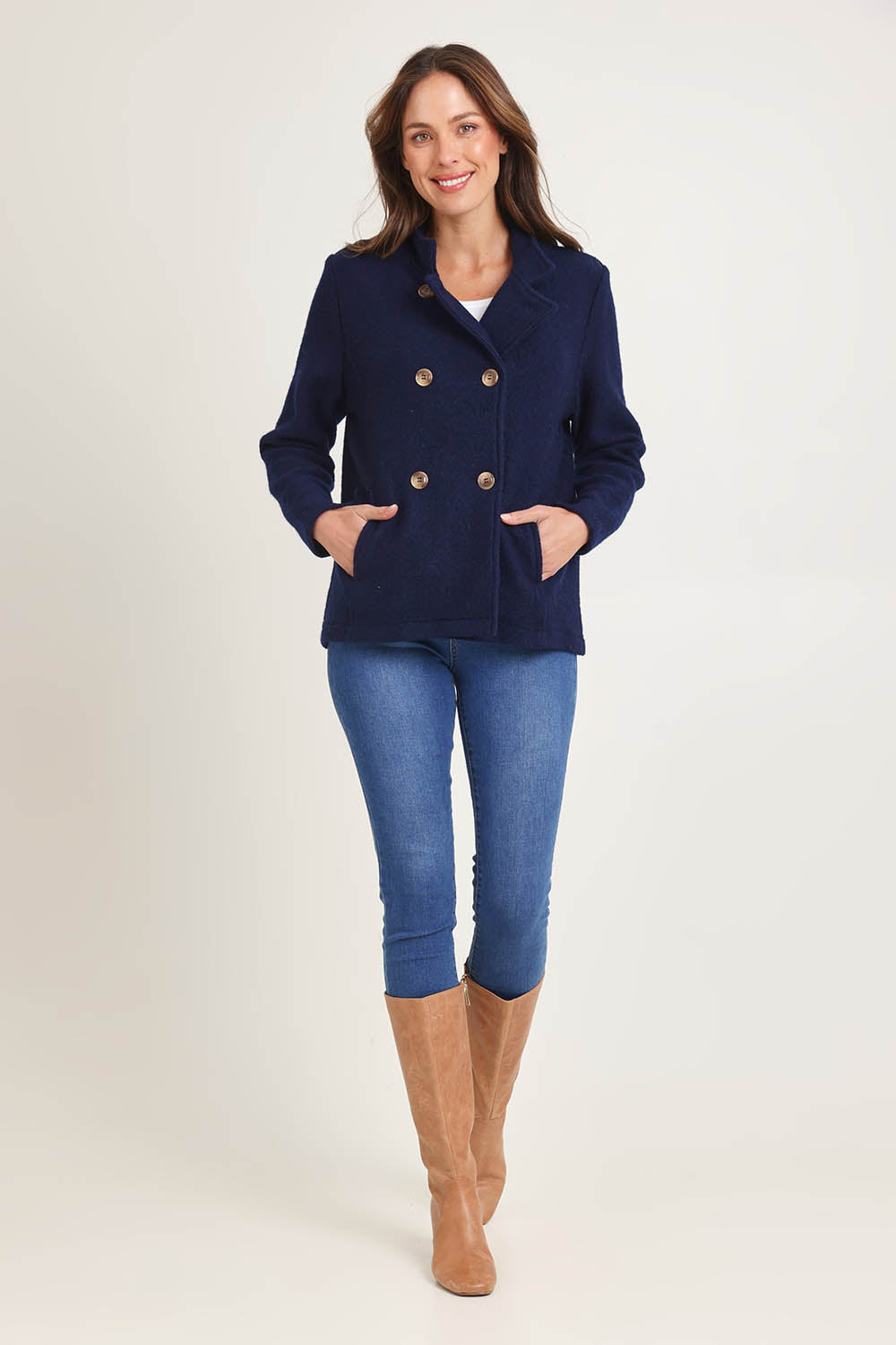 Funnel Neck Boiled Wool Double Breasted Coat – Navy