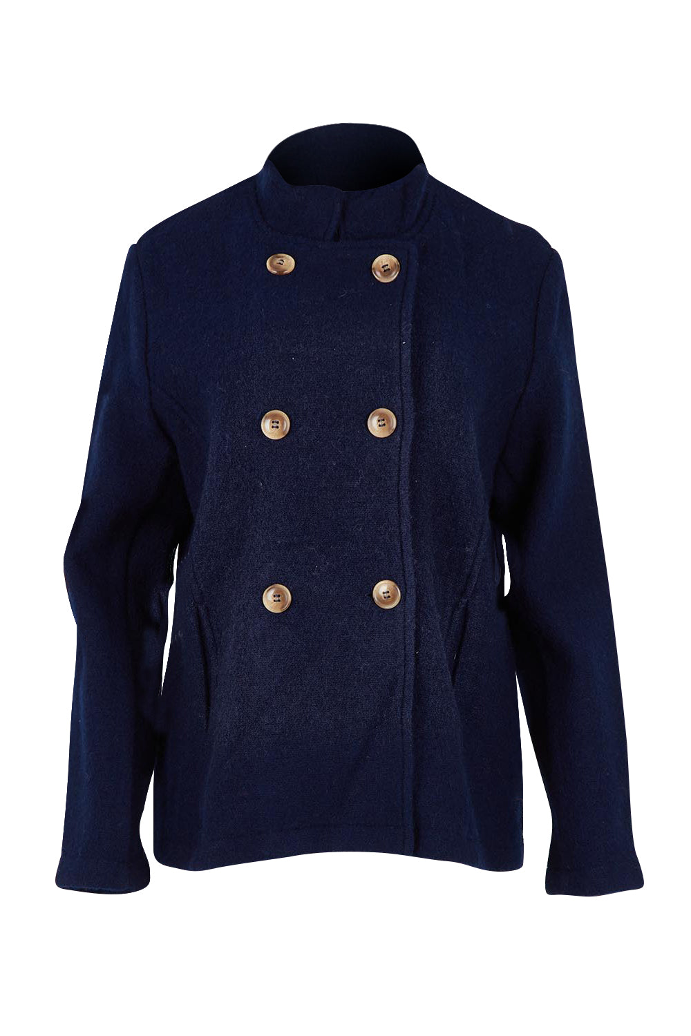 Funnel Neck Boiled Wool Double Breasted Coat – Navy