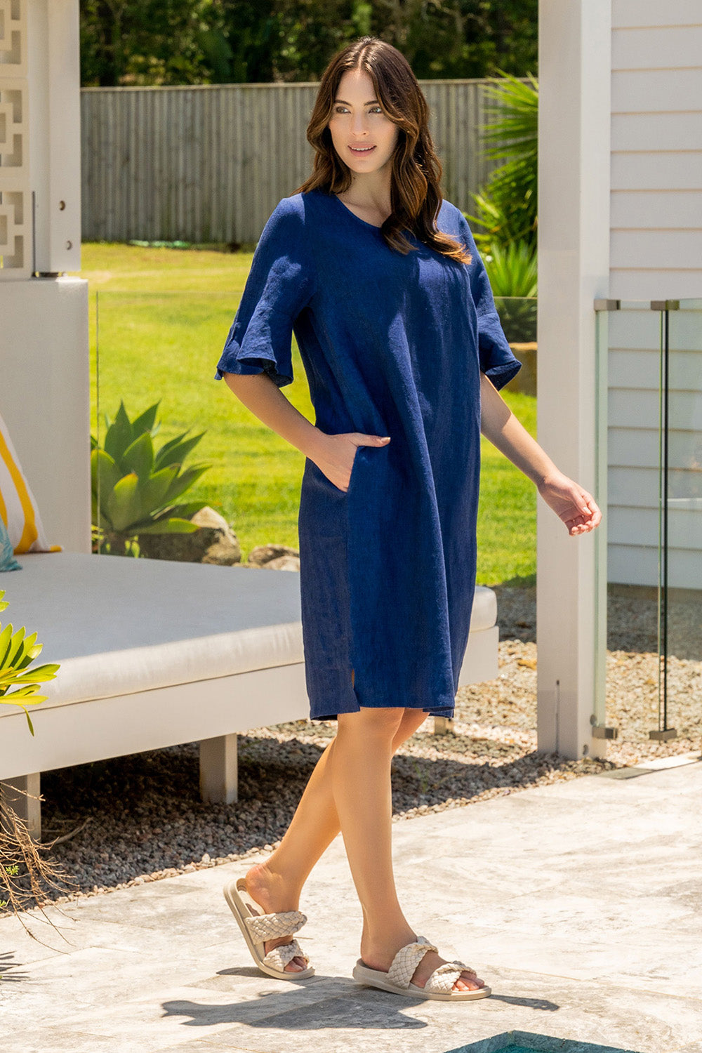 See Saw Women's Knee Length Dresses Blue Linen Women's Fashion – birdsnest