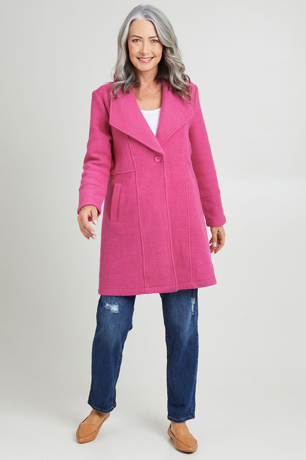 Model Luisa wearing size S of the 1 Button Collared Coat in colour Pink (Pink), from the front, showing the whole outfit