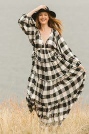 Model Katie wearing size S of the Wing And A Prayer Maxi Dress in colour Blkwhite (Black), from the front, showing the whole outfit