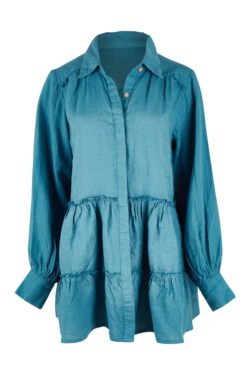 Product shot of the Mia Top in colour Bluesteel (Blue), from the front
