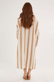 Model Sally wearing size OneSize of the Giorgio Coat Dress in colour Fezstripe (White), from the back
