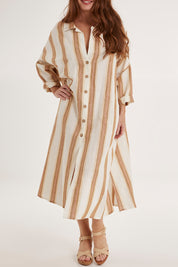 Model Sally wearing size OneSize of the Giorgio Coat Dress in colour Fezstripe (White), from the front, cropped image