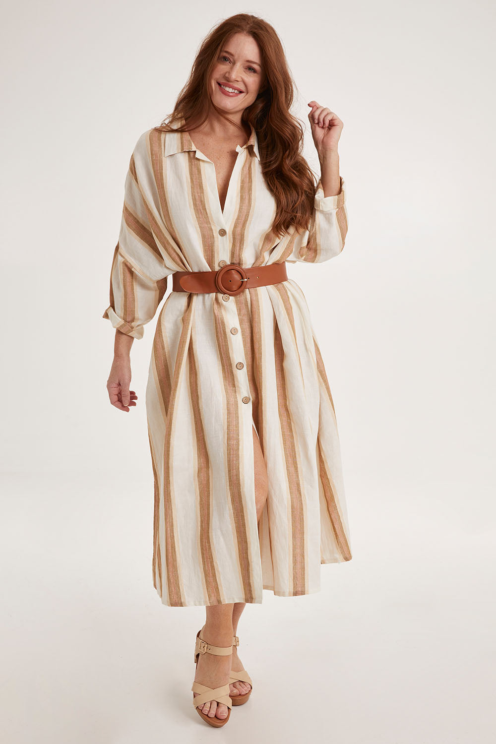 Model Sally wearing size OneSize of the Giorgio Coat Dress in colour Fezstripe (White), from the front, showing the whole outfit