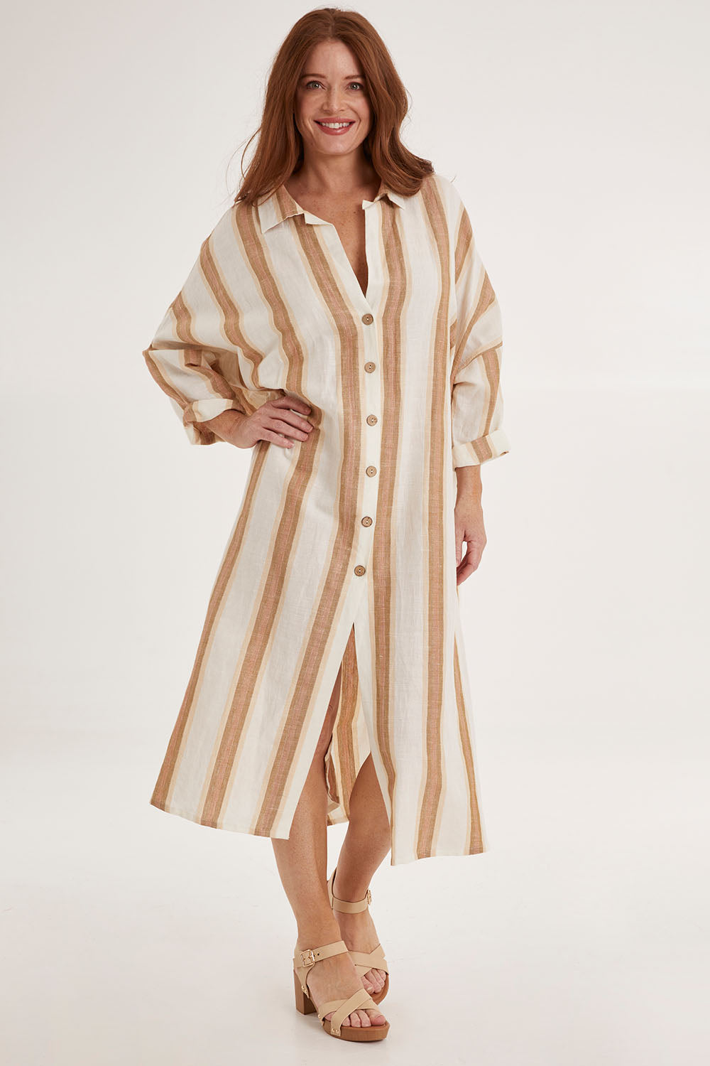 Model Sally wearing size OneSize of the Giorgio Coat Dress in colour Fezstripe (White), from the front, showing the whole outfit