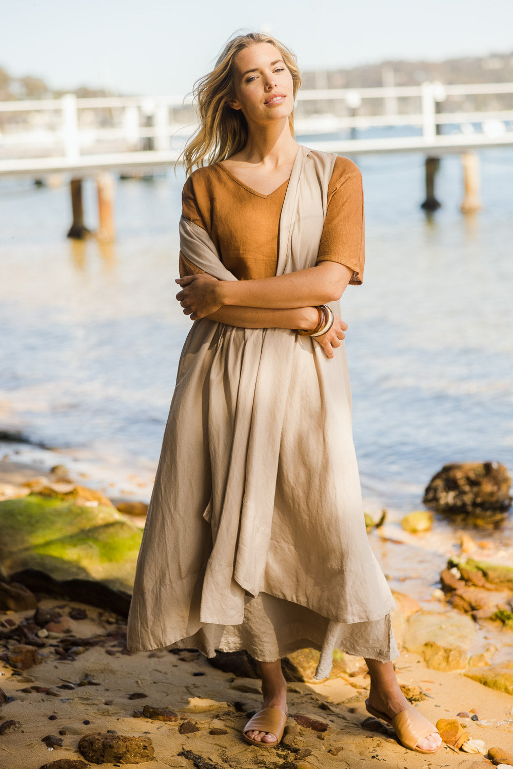 Model Phoebe wearing the Neopolitan Long Vest in colour Natural, from the front, showing the whole outfit