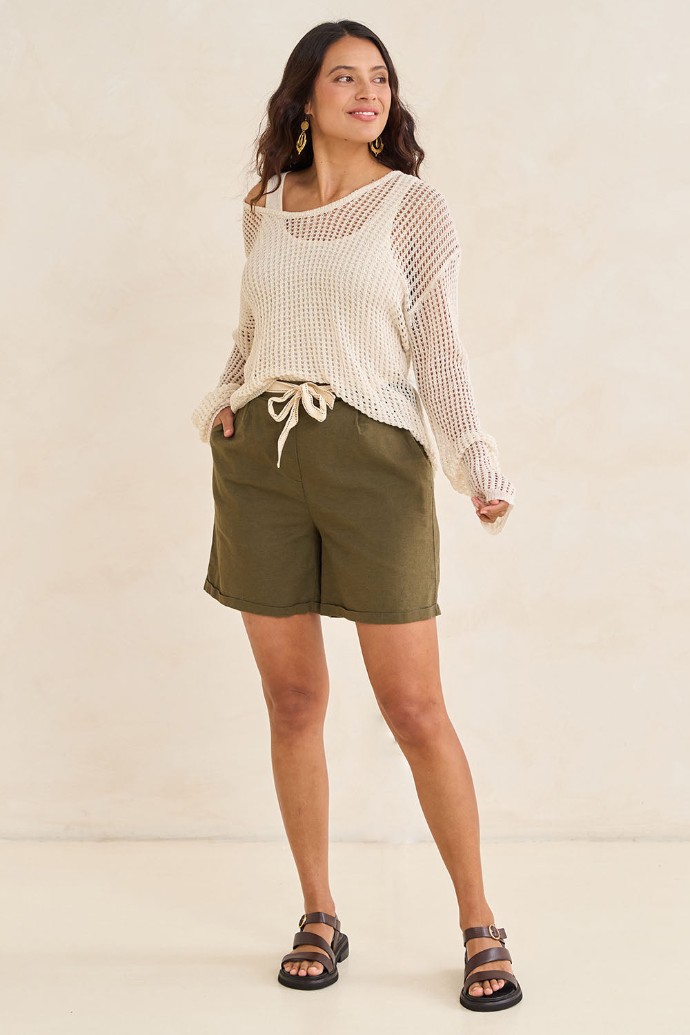Model Tahnee wearing the Pontif Knit Set in colour Natural, from the front, showing the whole outfit