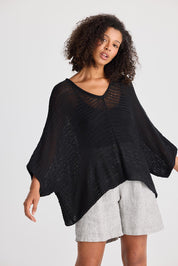A model wearing the Tesoro Top in colour Black (Black), from the front, cropped image