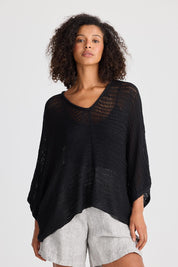 A model wearing the Tesoro Top in colour Black (Black), from the front, cropped image