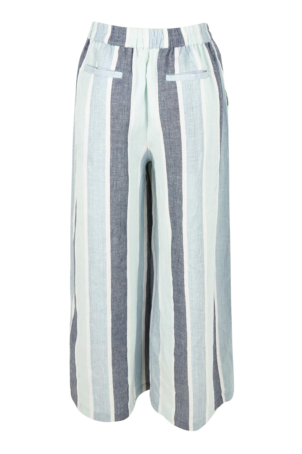 Product shot of the Positano Linen Cotton Pant in colour Tulipstrip (Blue), from the back