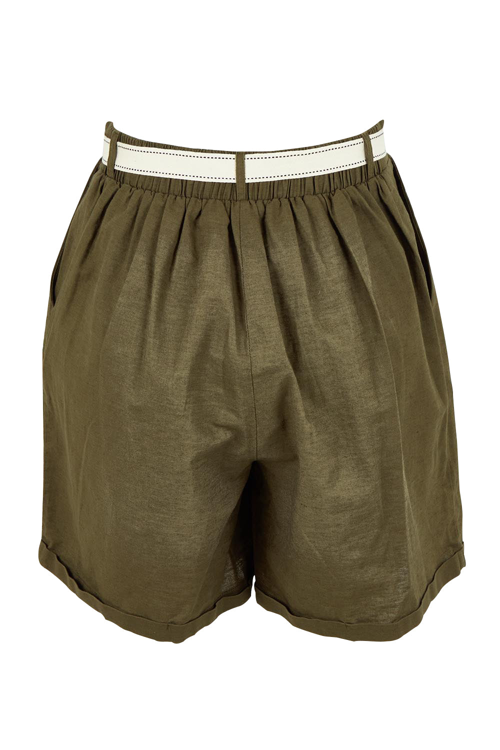 Product shot of the Positano Cotton Linen Short in colour Khaki (Green), from the back