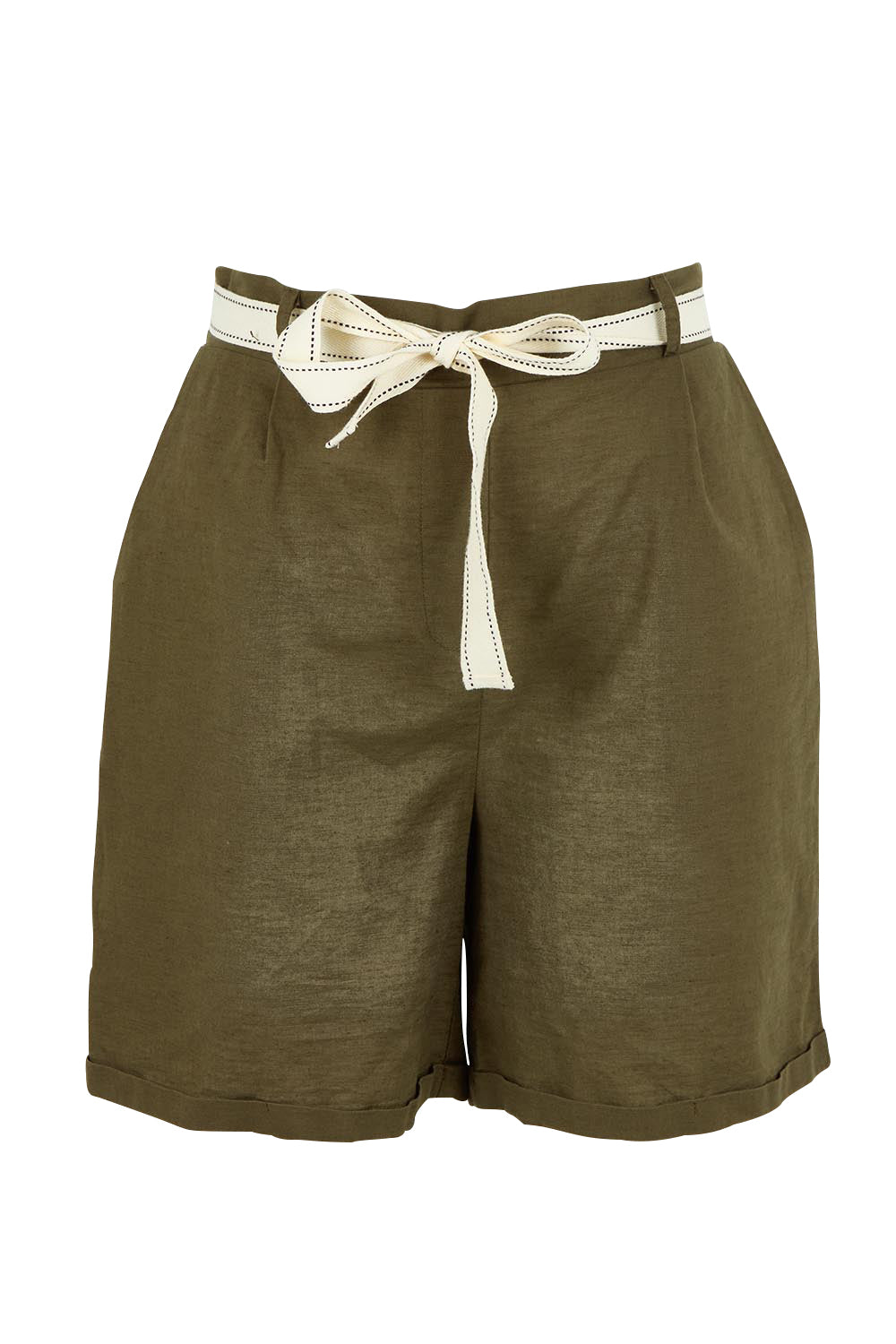 Product shot of the Positano Cotton Linen Short in colour Khaki (Green), from the front
