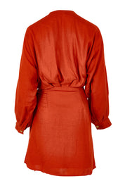Product shot of the Porto Linen Dress in colour Cherry (Red), from the back