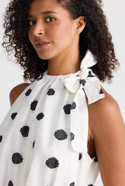 A model wearing the Lucia Linen Cotton Dress in colour Wovenspot (White), from the front, cropped image