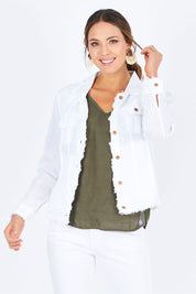 Model Madeline wearing size S of the Monza Jacket in colour White (White), from the front, cropped image