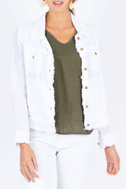 Model Madeline wearing size S of the Monza Jacket in colour White (White), from the front, cropped image