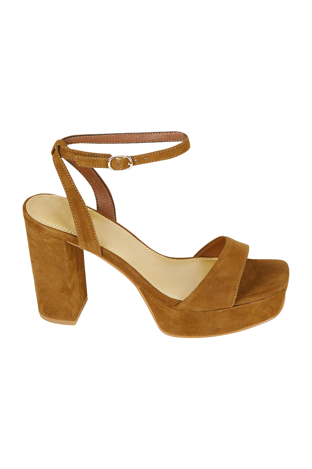 Product shot of the Orion Platform Heel in colour Coffee, from the front