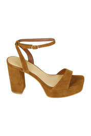 Product shot of the Orion Platform Heel in colour Coffee, from the front