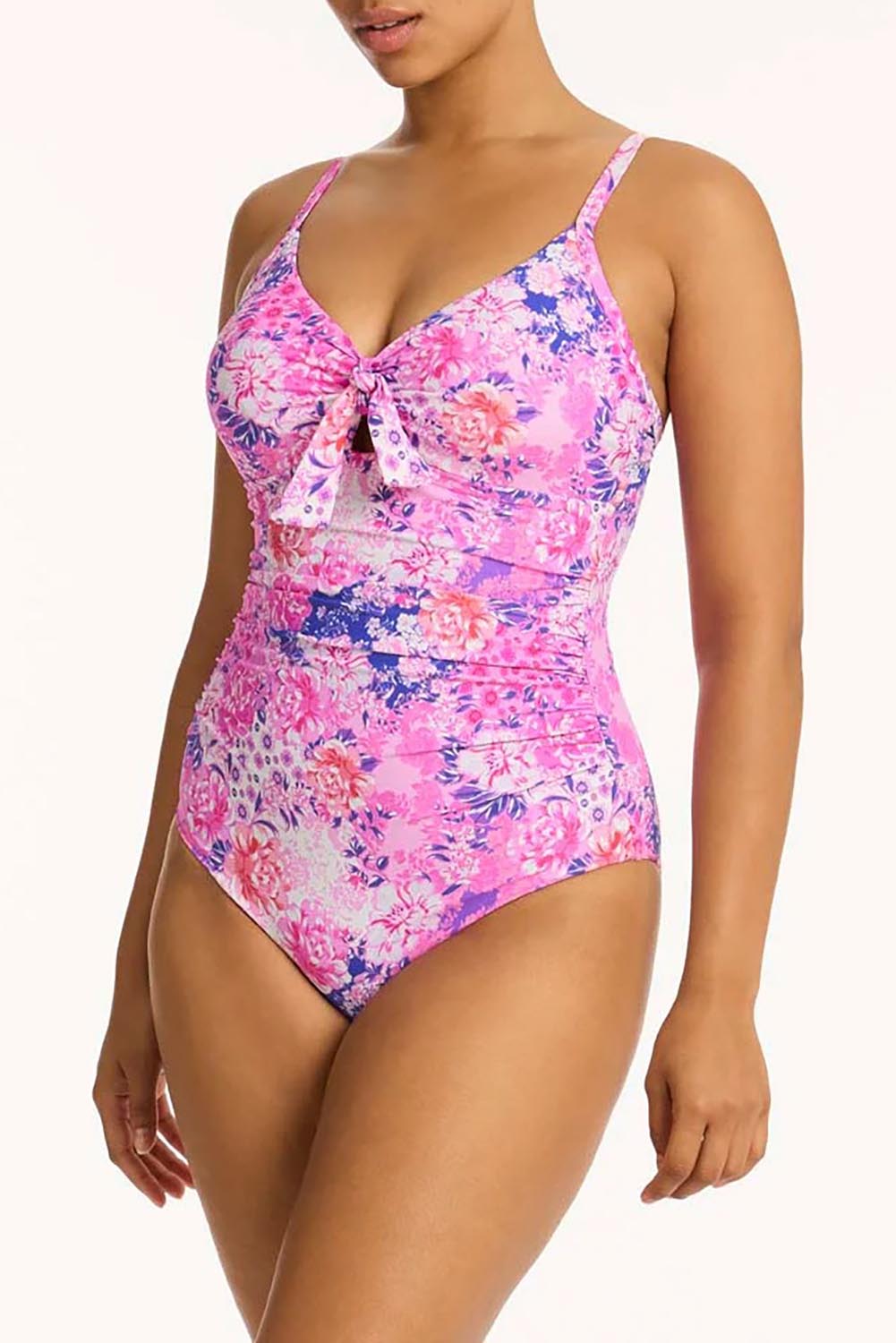A model wearing the Tie Front Dd/E One Piece in colour Pink (Pink), from the front, cropped image