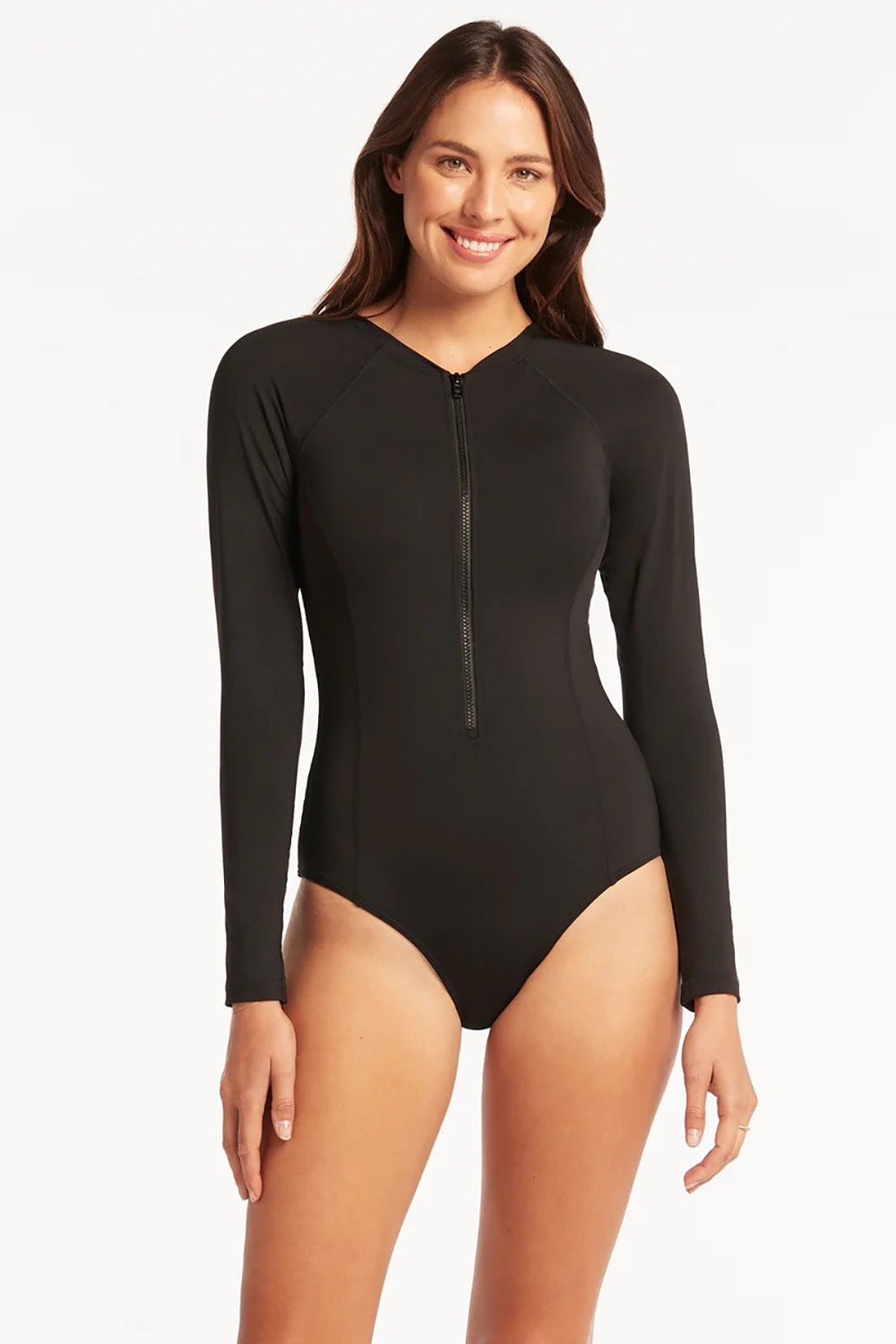 A model wearing the Long Sleeved Multifit One Piece in colour Black (Black), from the front, cropped image