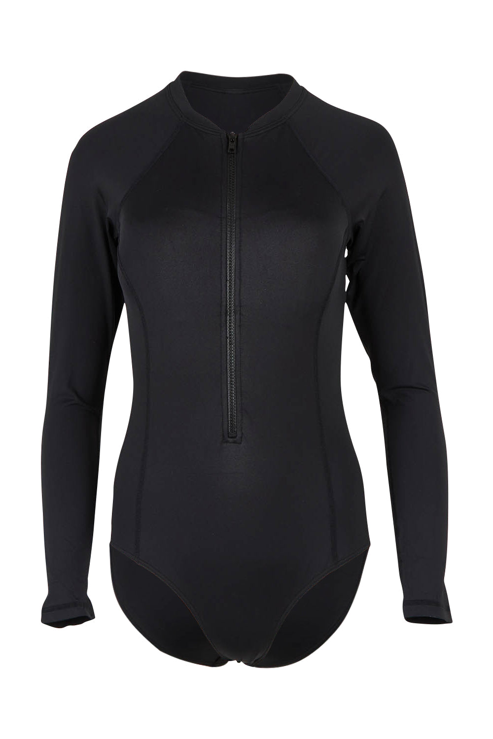 Product shot of the Long Sleeved Multifit One Piece in colour Black (Black), from the front