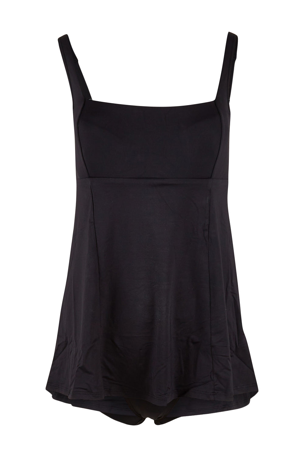 Product shot of the Square Neck Tummy Control Swim Dress in colour Black (Black), from the front