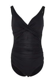 Product shot of the Eco Essentials Cross Front One Piece in colour Black (Black), from the front