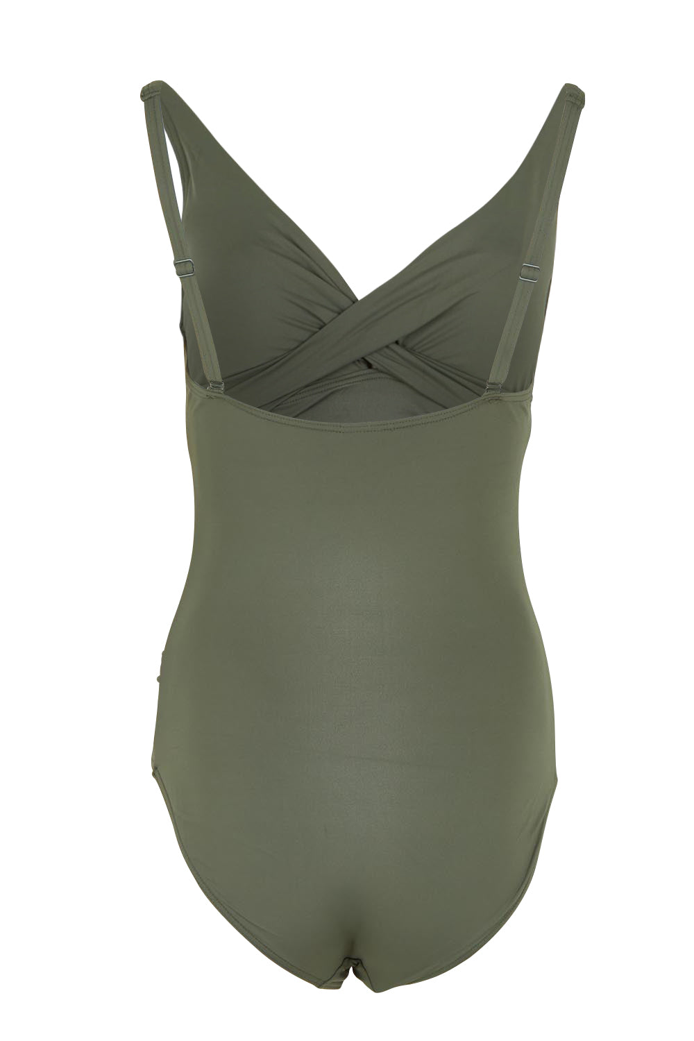 Product shot of the Eco Essentials Cross Front One Piece in colour Khaki (Green), from the back