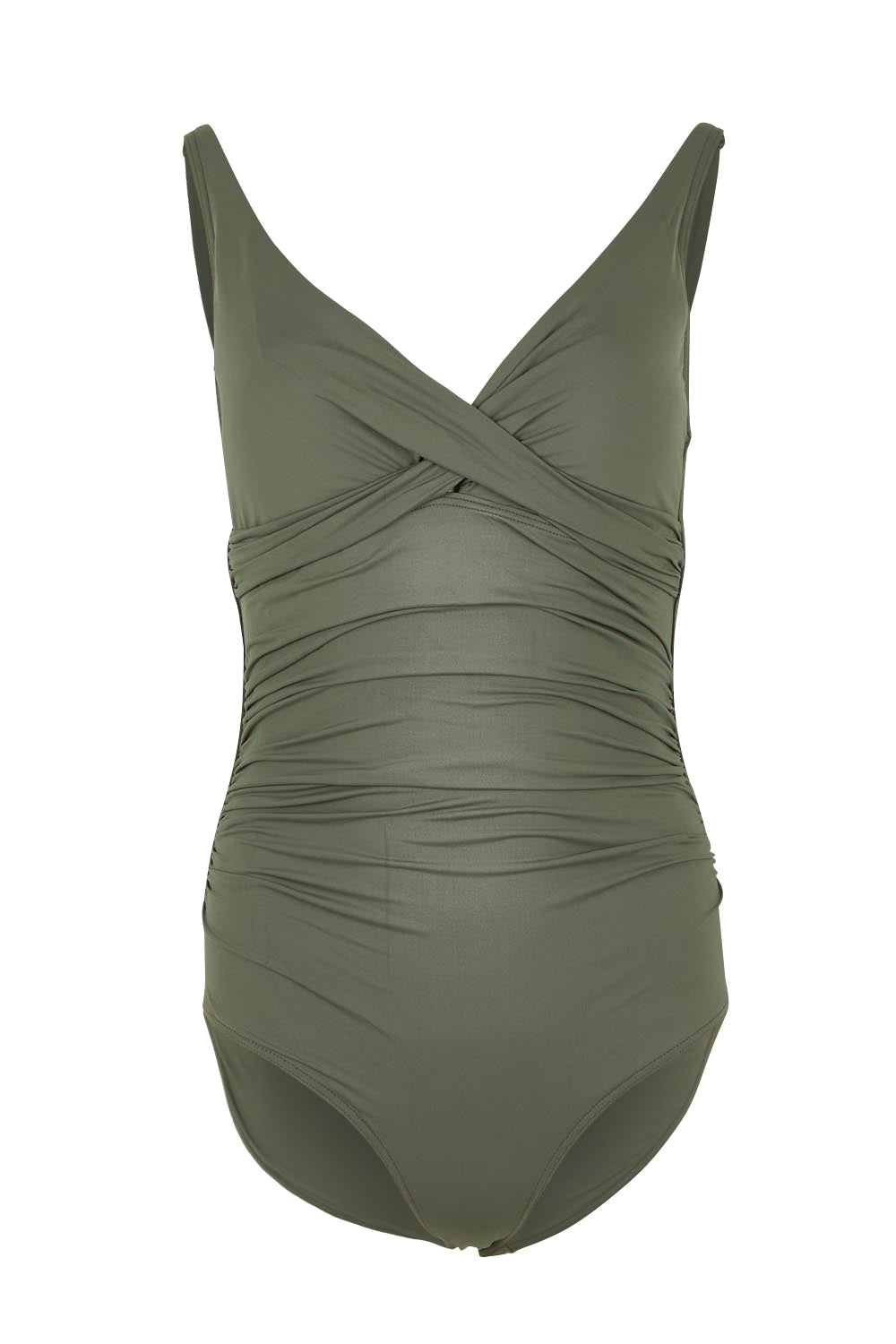 Product shot of the Eco Essentials Cross Front One Piece in colour Khaki (Green), from the front