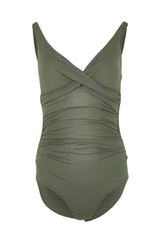 Product shot of the Eco Essentials Cross Front One Piece in colour Khaki (Green), from the front