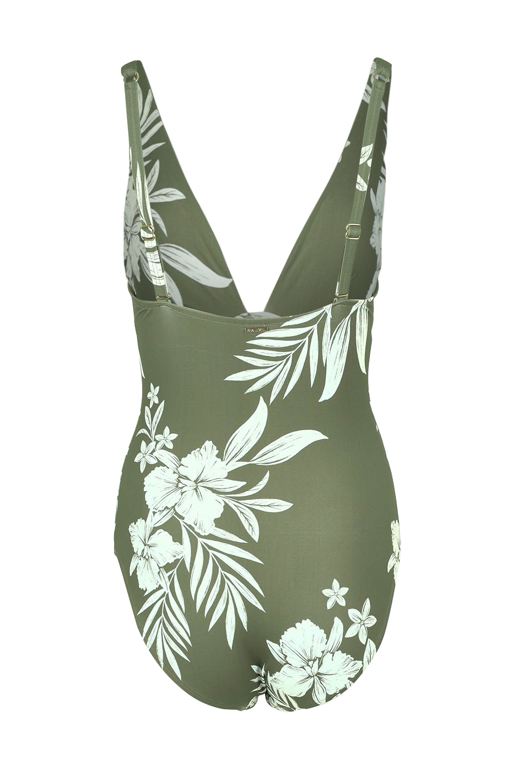 Product shot of the Longline Tri One Piece in colour Khaki (Green), from the back