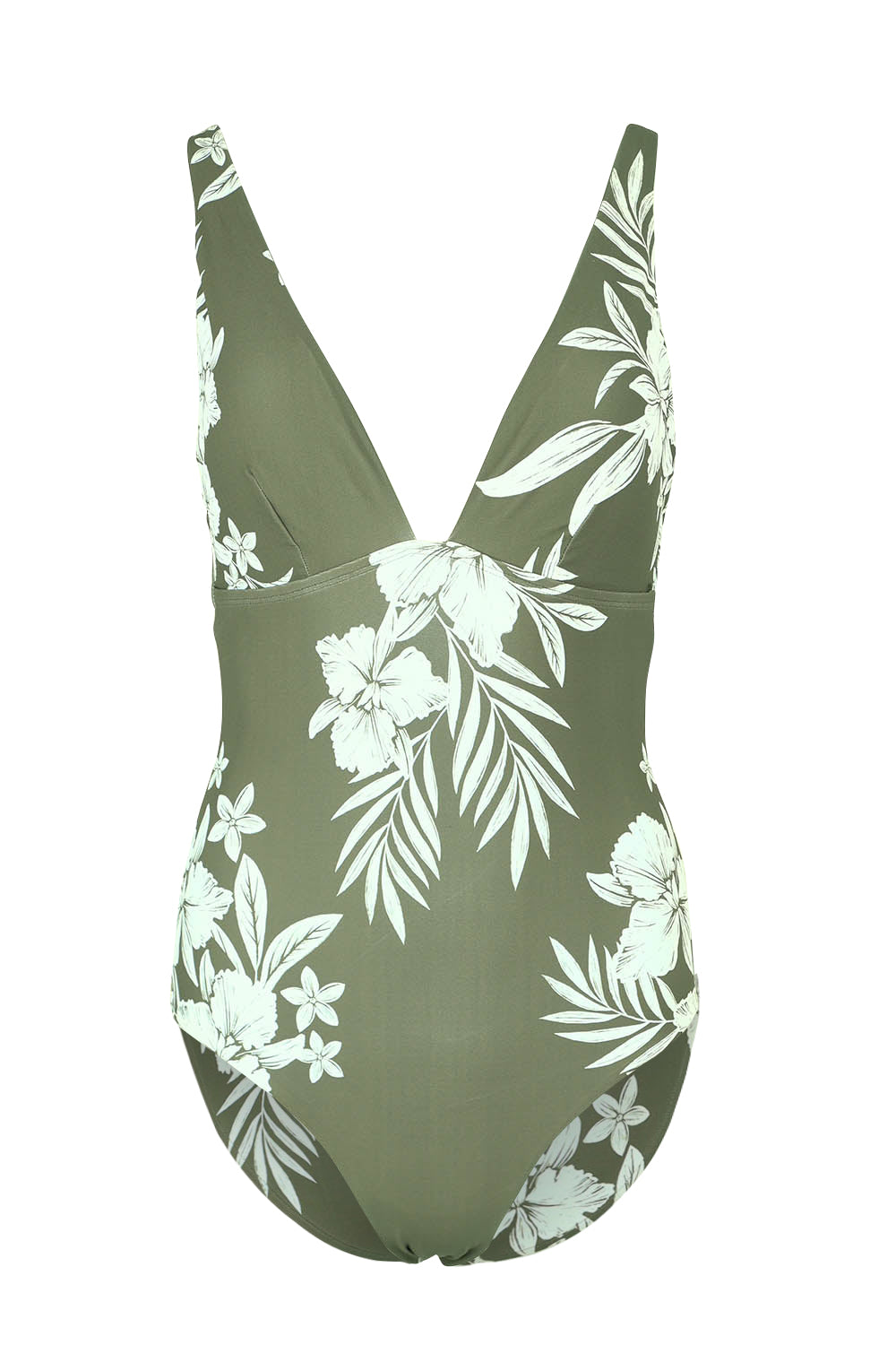 Product shot of the Longline Tri One Piece in colour Khaki (Green), from the front