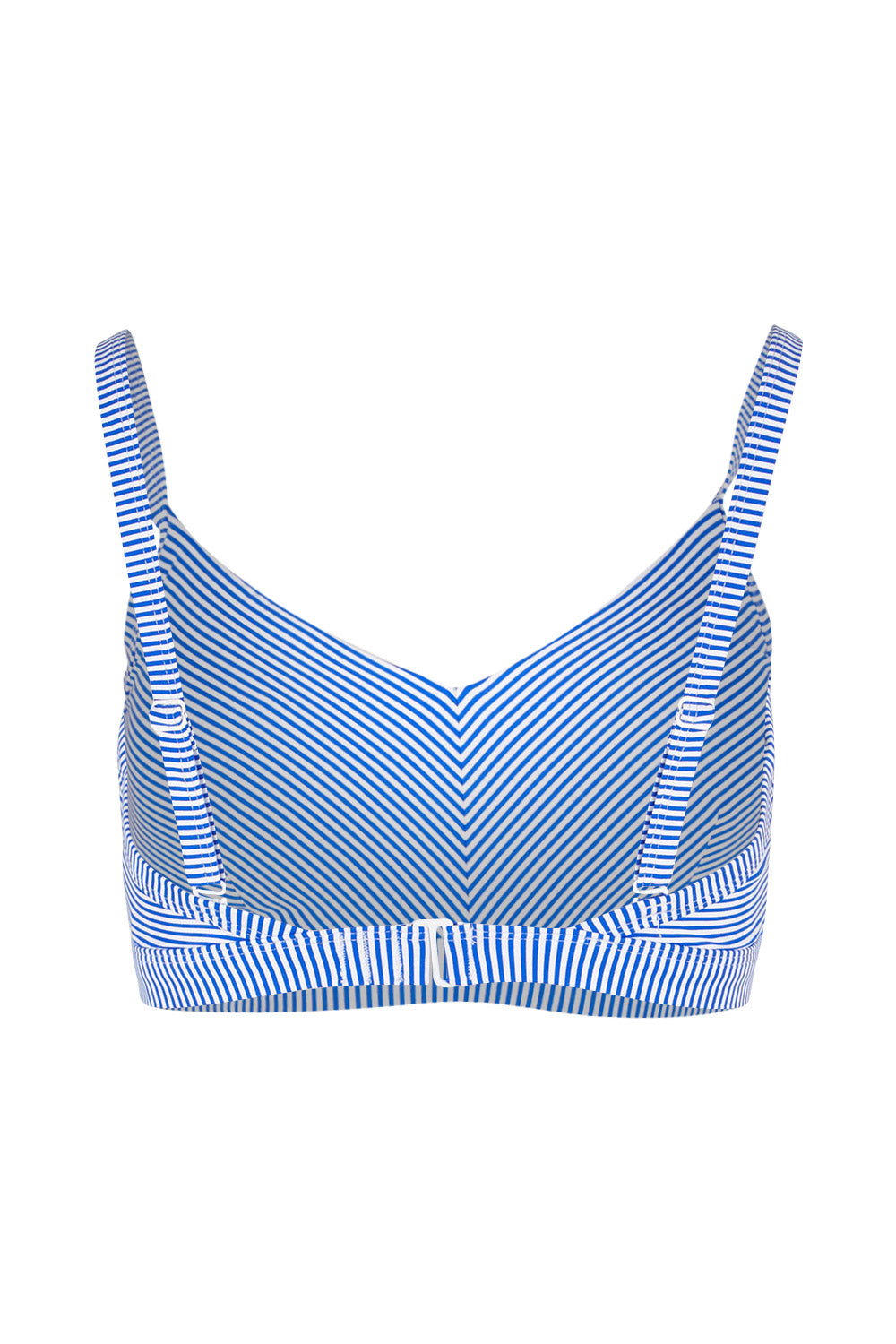 Product shot of the Positano Stripe Cup Bralette in colour Azure (Blue), from the back