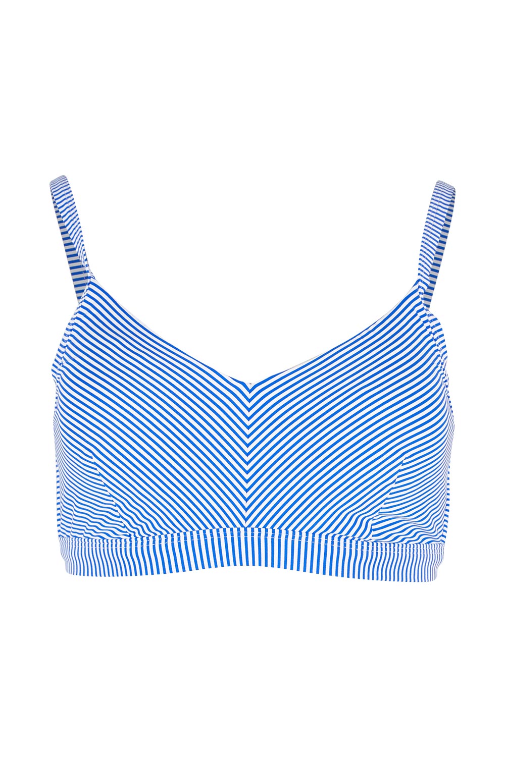Product shot of the Positano Stripe Cup Bralette in colour Azure (Blue), from the front