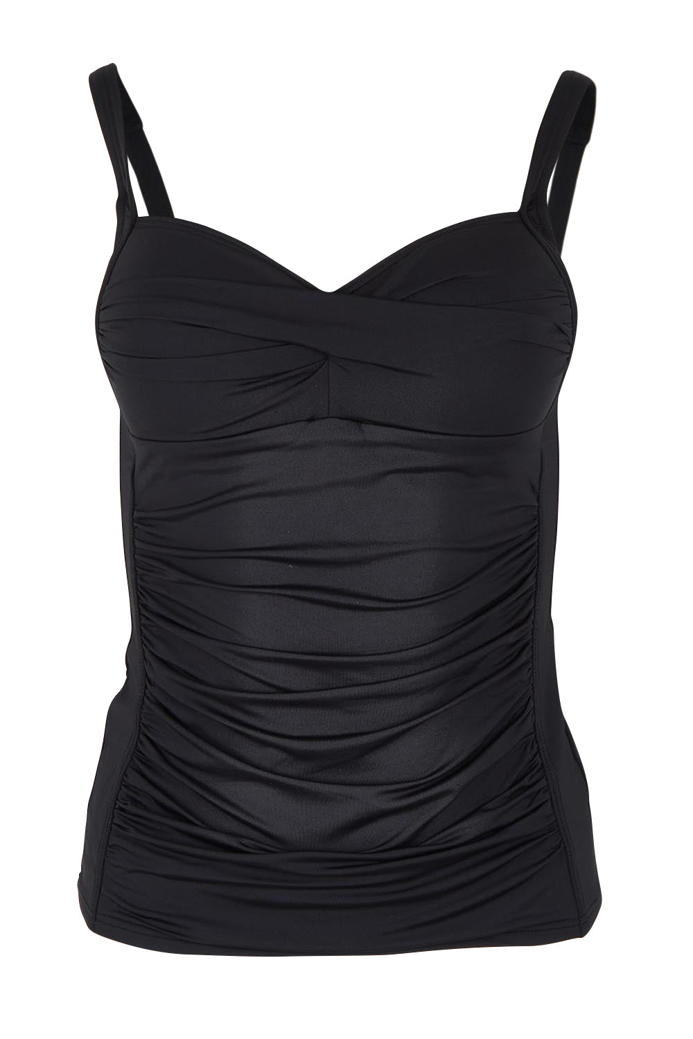 Product shot of the Twist Front Multifit Singlet Top in colour Black (Black), from the front