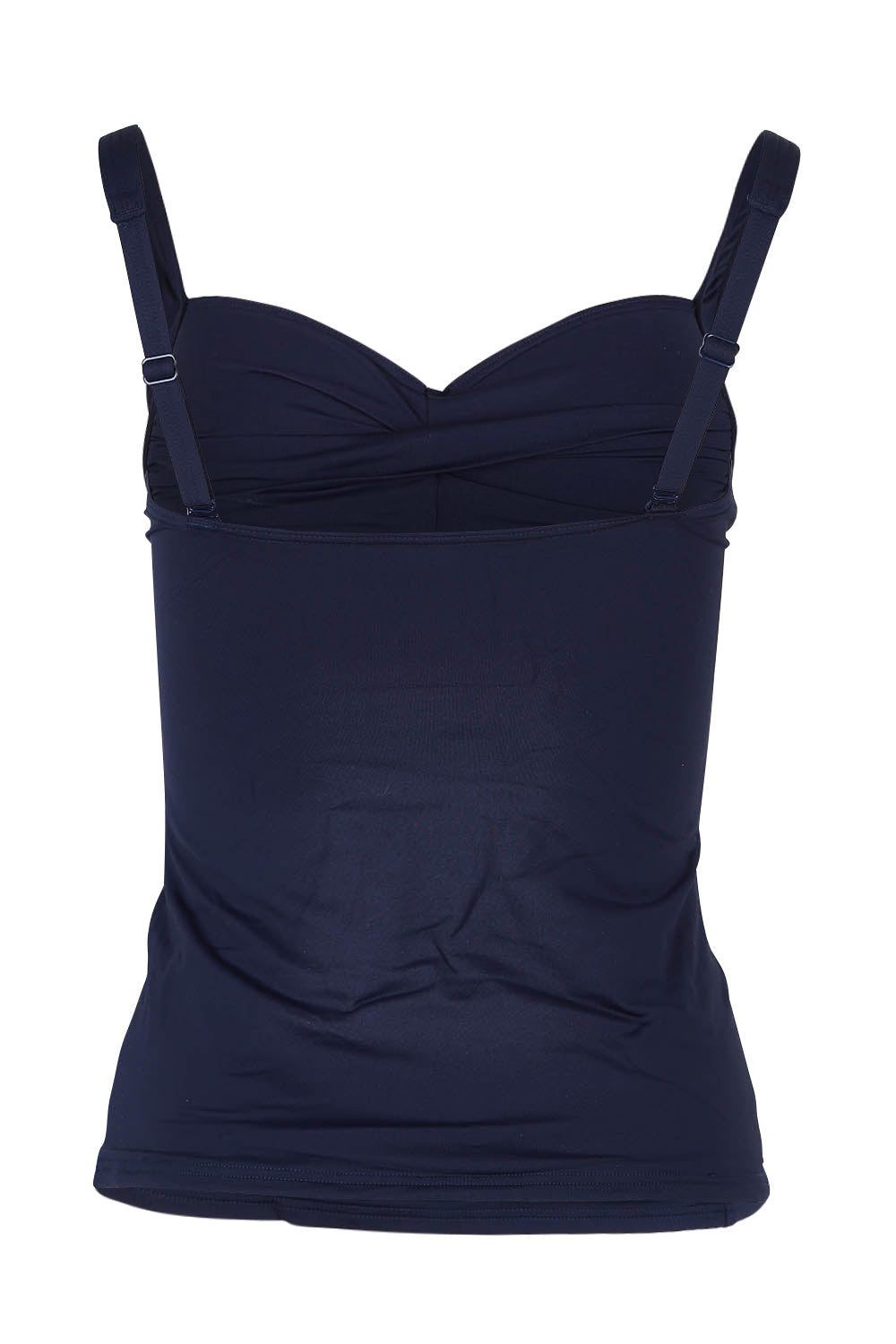 Product shot of the Twist Front Multifit Singlet Top in colour Nightsky (Blue), from the back