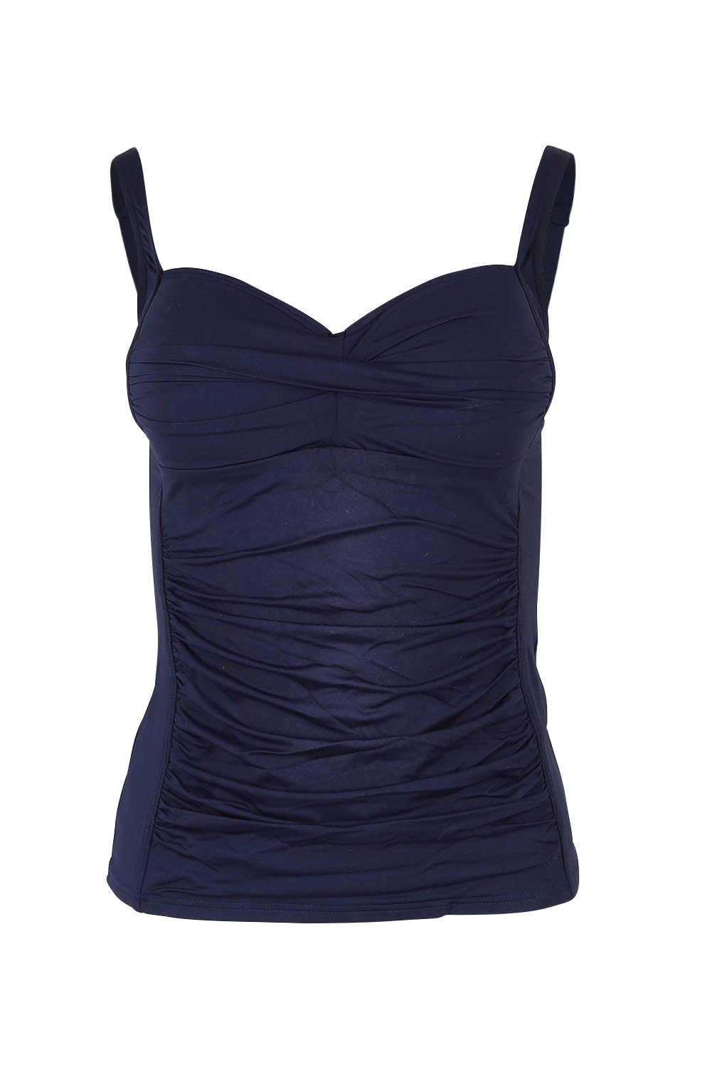 Product shot of the Twist Front Multifit Singlet Top in colour Nightsky (Blue), from the front
