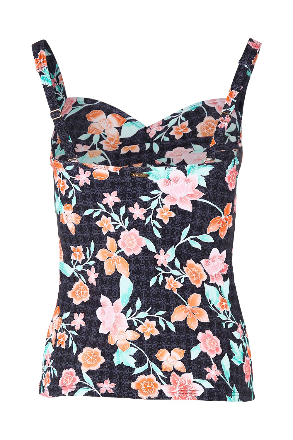 Product shot of the Mauritius Twist Front Multifit Singlet Top in colour Black (Black), from the back