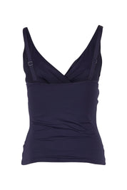 Product shot of the Cross Front Multifit Singlet Top in colour Nightsky (Blue), from the back