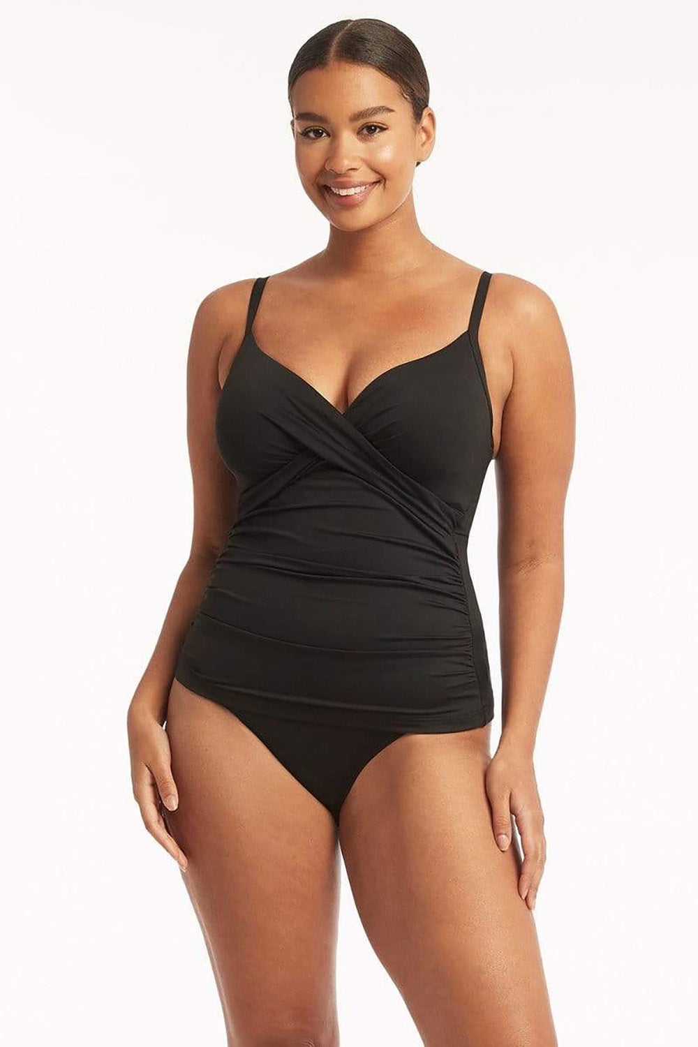 A model wearing the Twist Front DD/E Cup Tankini in colour Black (Black), from the front, cropped image