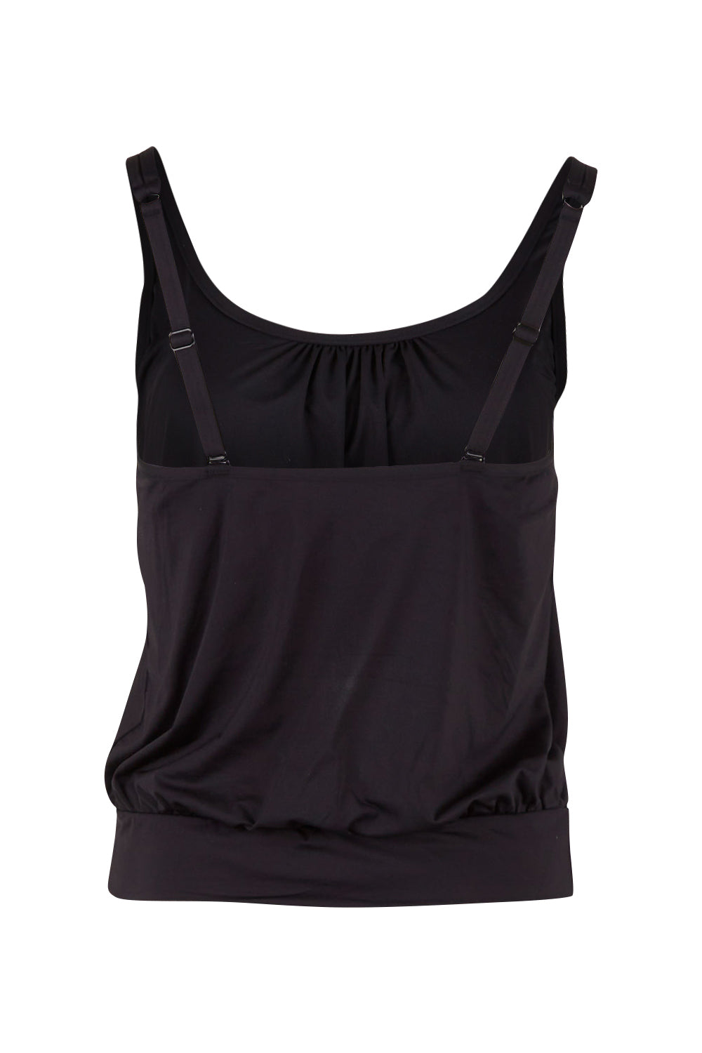 Product shot of the Blouson Tank Multifit Singlet Top in colour Black (Black), from the back