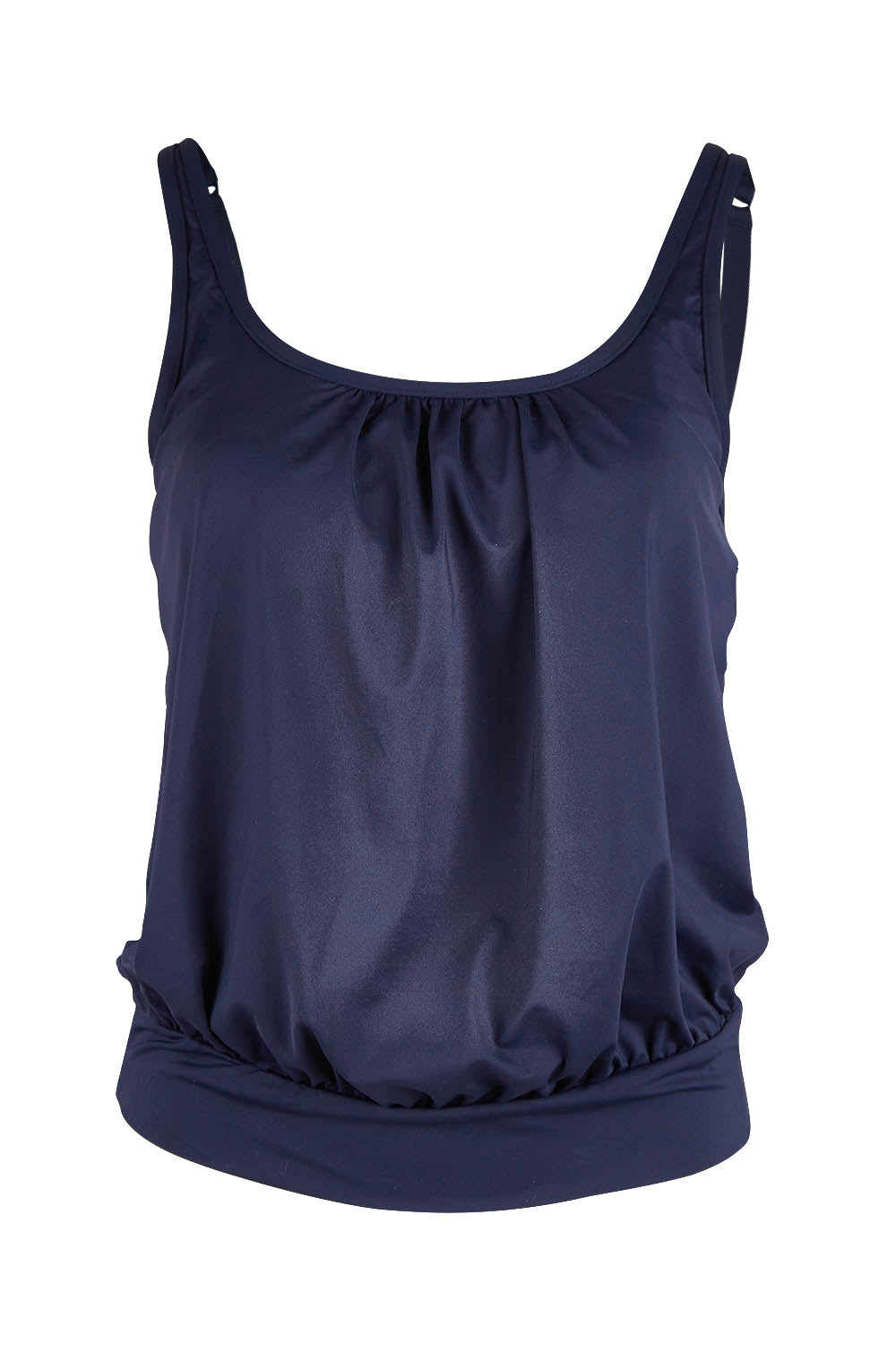 Product shot of the Blouson Tank Multifit Singlet Top in colour Nightsky (Blue), from the front