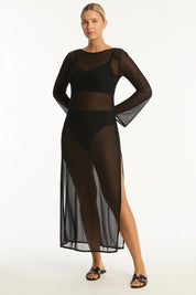 A model wearing the Mesh Reversible Long Dress in colour Black (Black), from the front, showing the whole outfit